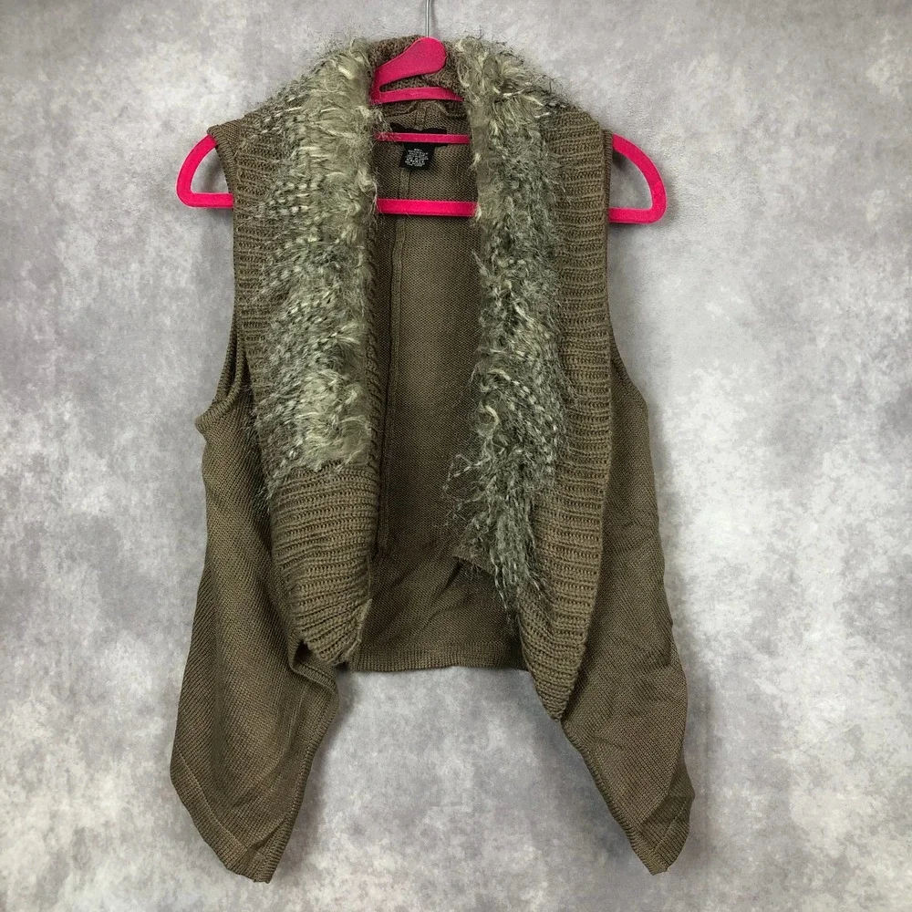 Sweater Project Cardigan Women Small‎ Sleeveless Knit Vest Tan Faux Fur Collar